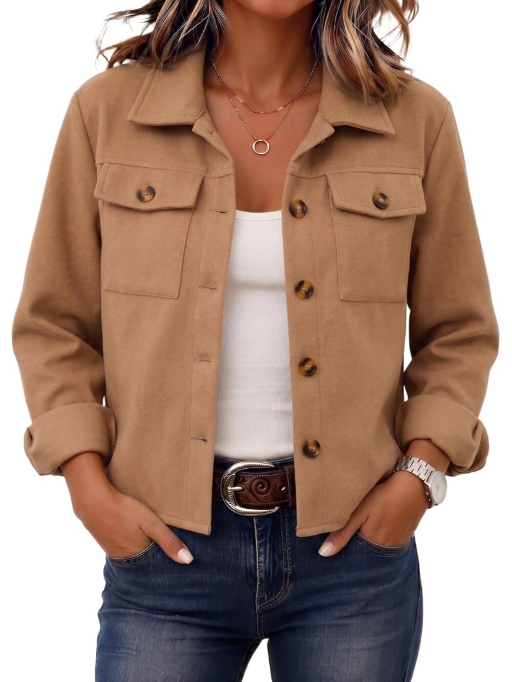 Flannels for Women Cropped Shacket Jacket Fashion Plaid Fall Coat